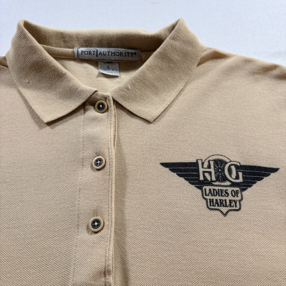 Port Authority‎ Ladies of Harley Polo Shirt Womens Large Tan HOG Graphic Pique